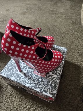 Bordello Red and White Polka Dot Mary Jane Platform Heels